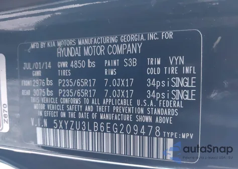 2014 Hyundai Santa Fe Sport 2.4L z USA, uszkodzony, nr VIN 5XYZU3LB6EG209478